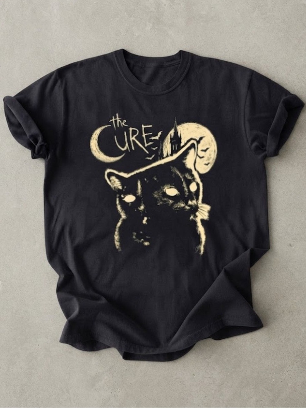 The Cure Gothic Cat Moon Graphic Art Black Gildan T-Shirt